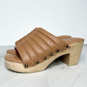 Beek Roller Light Brown Leather Wood Platform Clog Heeled Sandal 10